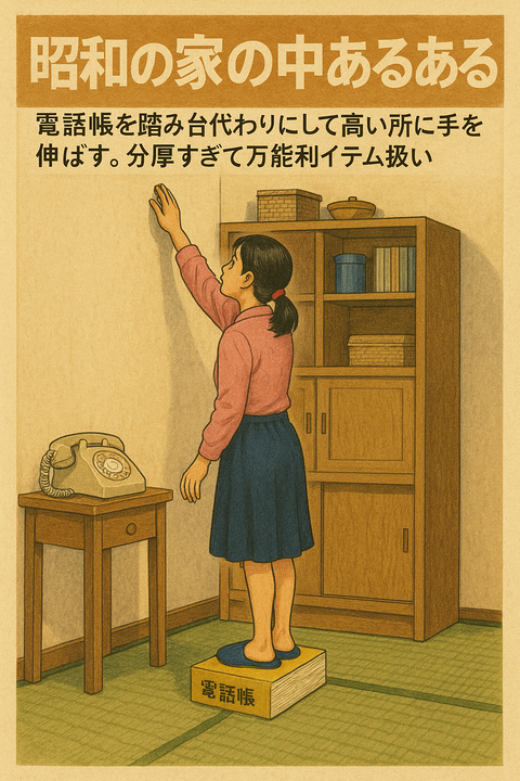 昭和の家の中あるある 電話帳を踏み台代わりにして高い所に手を伸ばす。分厚すぎて万能アイテム扱い。